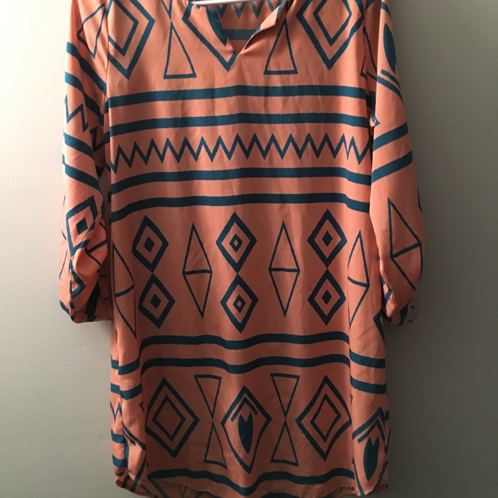 3/4 Sleeve Tribal Tunic in Coral & Teal